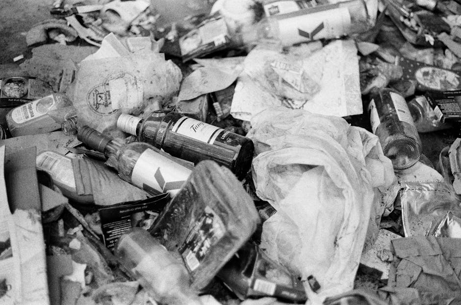 A close-up view of a pile of mixed household rubbish on a dull surface, consisting of various discarded items including crumpled paper, plastic bottles with labels, some partially crushed, and aluminum cans. The waste appears to be a combination of packing materials, food and drink containers, and general domestic refuse, with textures ranging from smooth and glossy to wrinkled and torn. The disposal area is outdoors or in an open space, with a diffuse light source casting minimal shadows over the clutter. The scene reflects a typical collection of waste suitable for professional rubbish removal services, such as those offered by Waste Disposal Harringay, and emphasizes the importance of proper disposal or private clearance methods for bulky or mixed waste.