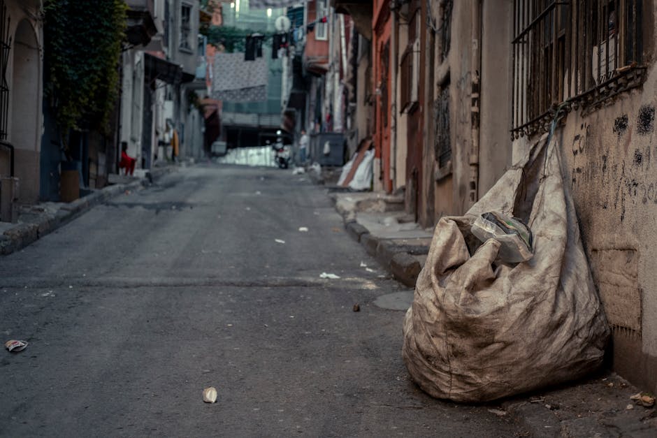 A photograph captures the exterior of a narrow residential building with green wooden cladding showing signs of weathering. Several black rubbish bags, filled and tied, are stacked at the base of the building near a concrete step. The bags are placed beside an aged, graffiti-covered door with a rusted frame, which appears to be part of a secondary entrance or utility area. A small, white outdoor electrical box is mounted on the wall nearby, with a cable running from it. Wooden stairs with a simple handrail lead up to a white door framed by a small porch, indicating a private entrance. In the background, a city street scene is visible featuring parked cars, including a black vehicle closest to the building, and a distant red-brick industrial building with multiple windows. The scene is illuminated by natural daylight, creating an everyday urban atmosphere. The image relates to rubbish removal services, illustrating an instance of private waste disposal, possibly involving independent collection or on-site clearance managed by Waste Disposal Harringay, serving properties with limited access.